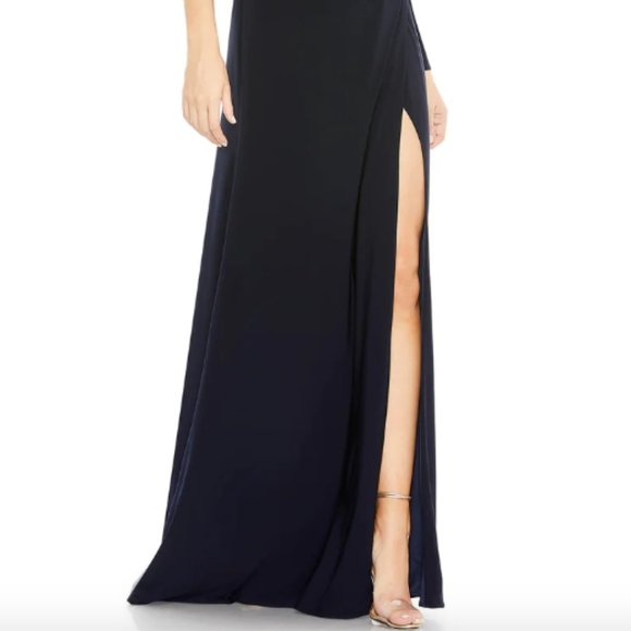 MAC DUGGAL 26039 DRAPED ONE SLEEVE THIGH SLIT NAVY JERSEY STRETCH GOWN SZ 10 - Picture 6 of 7